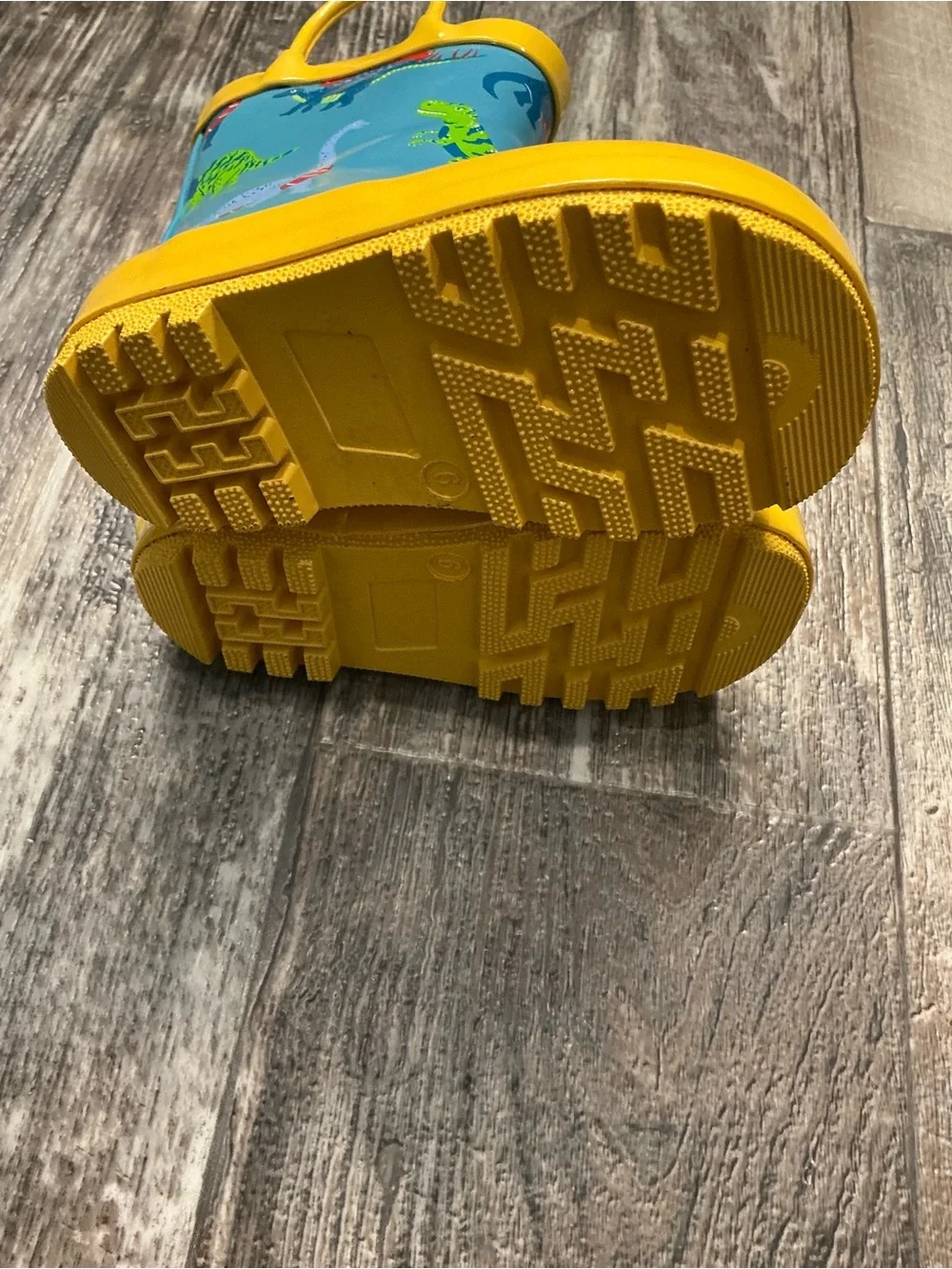 Toddler Yellow-Trim Blue Dinosaur Rain Boots Size 6